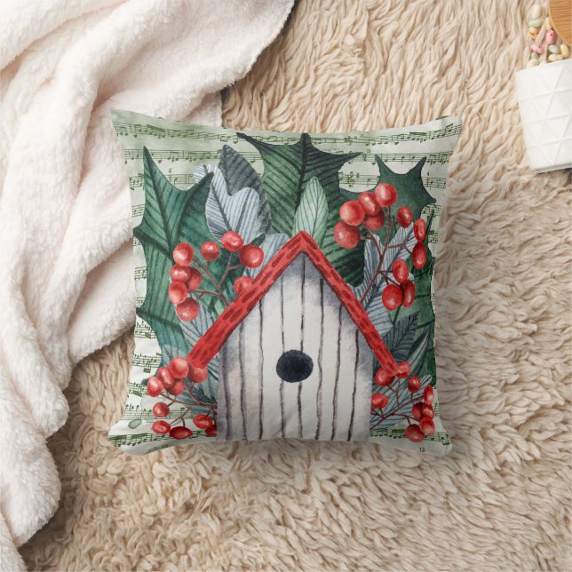 Coussin Hiver Holly et Birdhouse Aquarelle (Couverture)