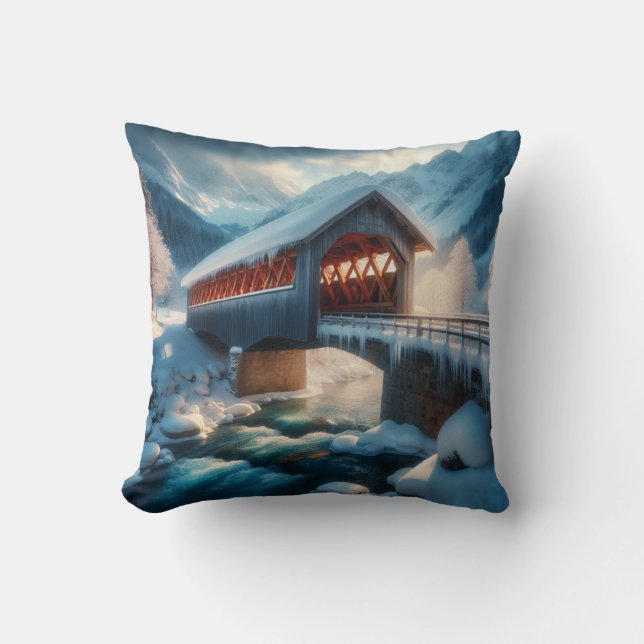 Coussin Hiver, pont enneigé et rivière (Recto)