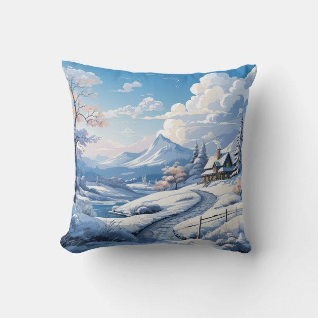 Coussin Hiver Snowy Mountain Cabine 2 images différentes (Recto)