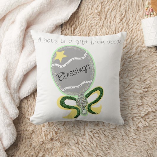 Coussin Hochet bébé argent étoile jaune ruban vert bénédic (Couverture)