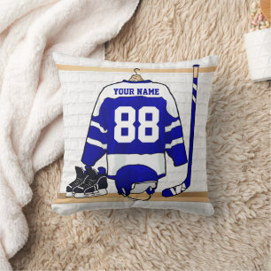 Coussin Hockey sur glace bleu et blanc personnalisé Jersey