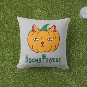 Coussin Hocus pawcus Halloween citrouille chat roux magie