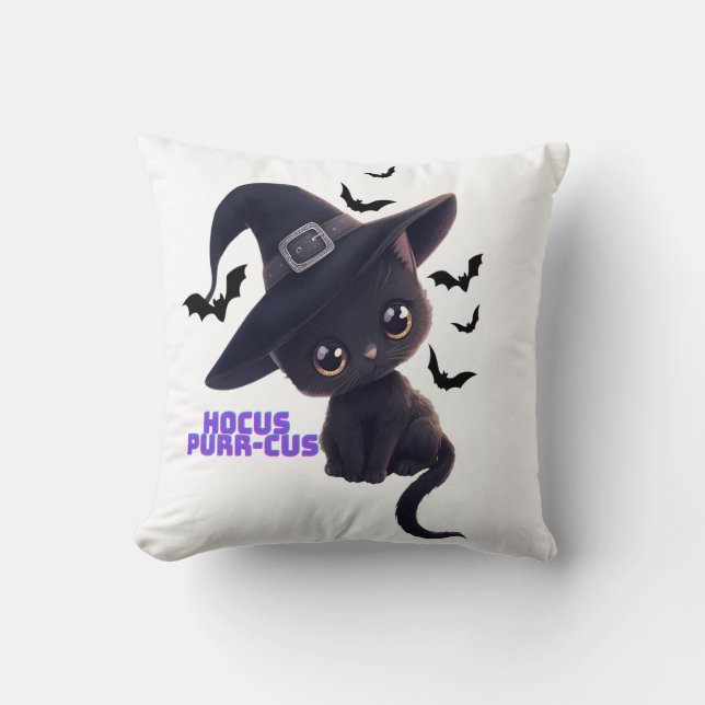 Coussin Hocus Purr-cus Cute Chat Noir Halloween Art (Recto)