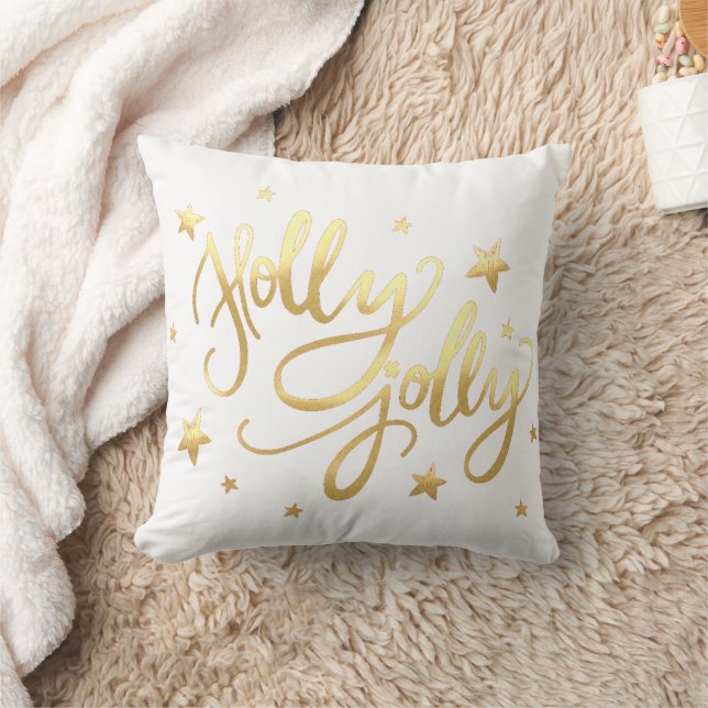 Coussin Holly Jolly | Elégant Gold Faux Foil Script Blanc (Couverture)