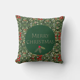 Coussin Holly Motif Carré de Noël vert et rouge