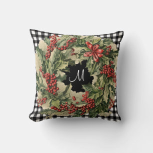 Coussin Holly Wreath buffalo plaid nom de famille personna