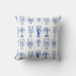Coussin Homard bleu et blanc vintage imprimé Crustacé