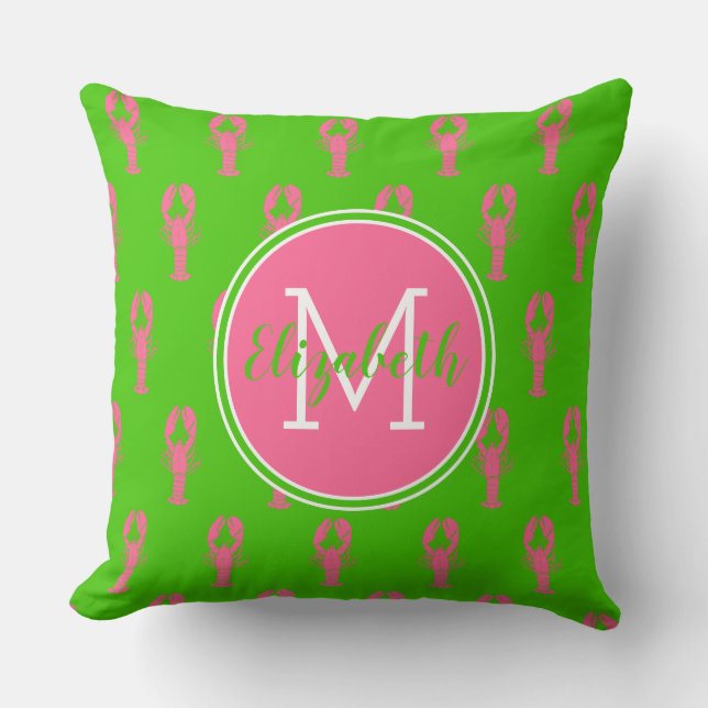 Coussin Homards roses Preppy sur Monogramme vert (Recto)