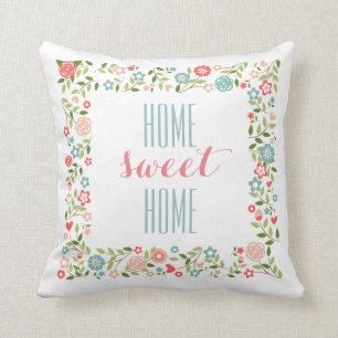 Coussin Home Sweet Home Coral Turquoise Floral Wreath Moti