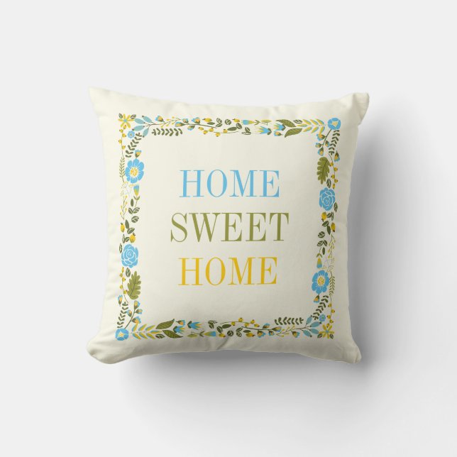 Coussin "HOME SWEET HOME" frontière florale aqua et jaune (Recto)
