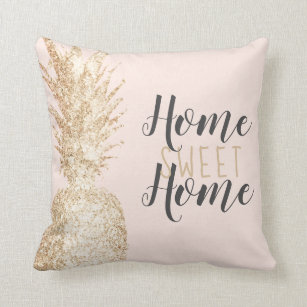 Coussin home sweet home jaune or ananas rose vif