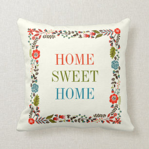 Coussin "HOME SWEET HOME" Ressort floral bordure turquoise