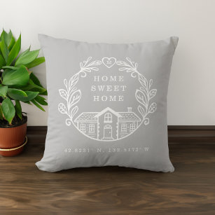 Coussin Home Sweet Home, Wreath Design & Coordonnées Grey