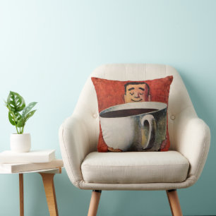 Coussin Homme heureux vintage buvant une tasse géante de c