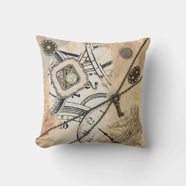 Coussin Horloge abstraite de Steampunk et carreau beige (Recto)