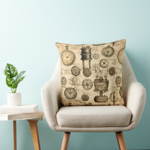 Coussin Horloge ancienne engrenages Parchemin Brun