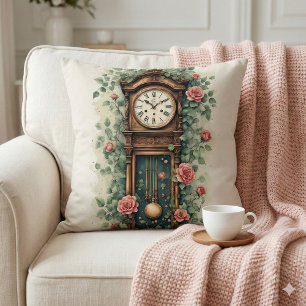 Coussin Horloge Vintage Entourée de Roses et de Vignes