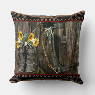 Coussin Horse Cowboy Boots Sunflowers Rustic Barque