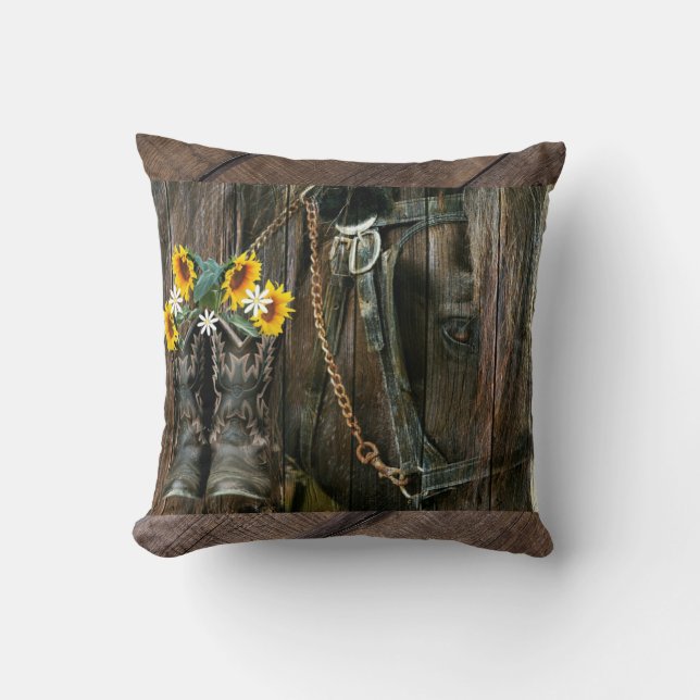 Coussin Horse Cowboy Boots Sunflowers Rustic Barque (Recto)