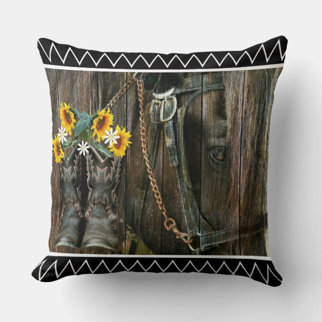Coussin Horse Cowboy Boots Sunflowers Rustic Barque (Recto)