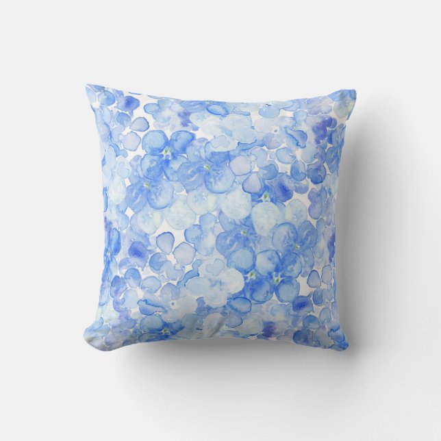 Coussin Hortensia bleu en pastel d'aquarelle de lavande (Recto)