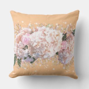 Coussin Hortensias romantiques blancs roses, fleurs blanch