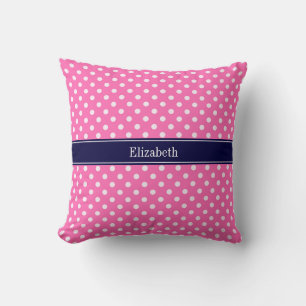 Coussin Hot Pink #2 Wht Polka Dots Navy Blue Name monogram