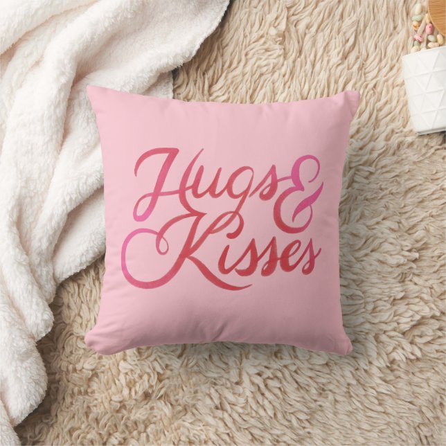 Coussin Hugs & Baisers Coeurs de Valentines roses et rouge (Couverture)