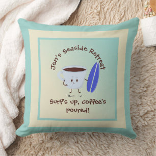Coussin Humoriste surfeur de café avec surf Nom Texte