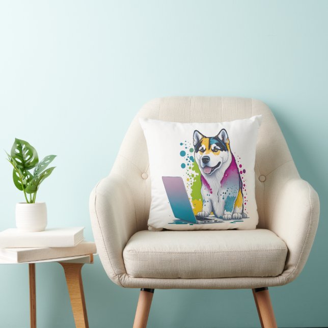Coussin Husky Chig Computer Rainbow Watercolor Tech Savvy (Chaise)