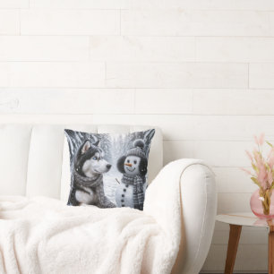 Coussin Husky et Snowman dans les bois d'hiver