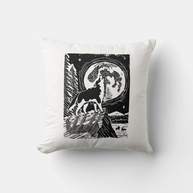 Coussin Husky Howling noir et blanc à Night Linocut (Recto)