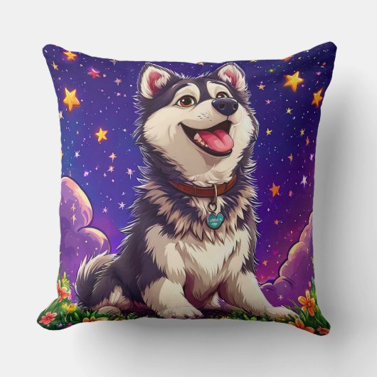 Coussin Husky Joyeux Contre Ciel Étoilé (Recto)