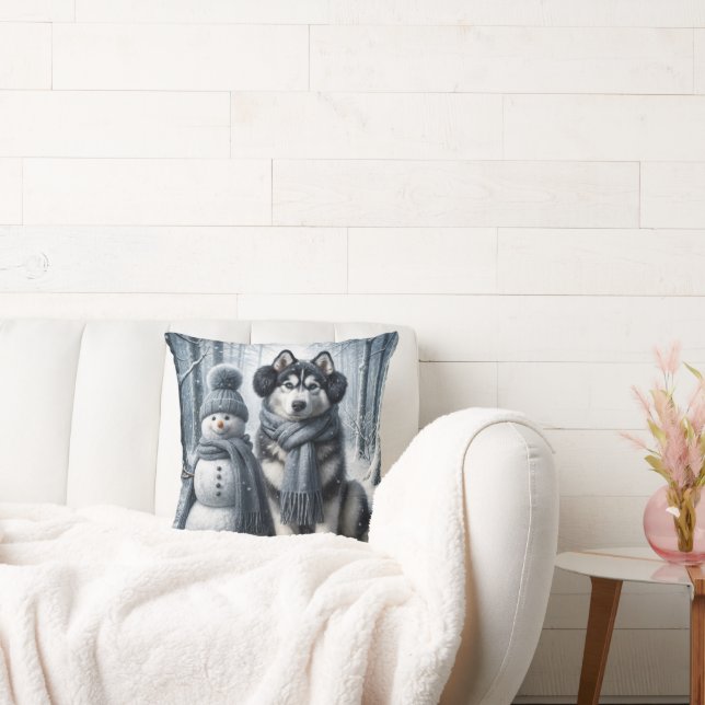 Coussin Husky Sibérien Avec Snowman (Canapé)