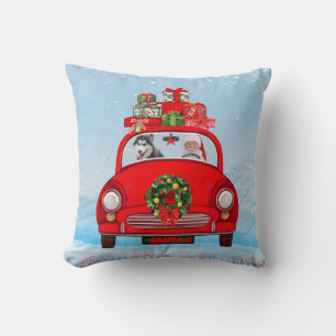 Coussin Husky sibérien en voiture avec le Père Noël