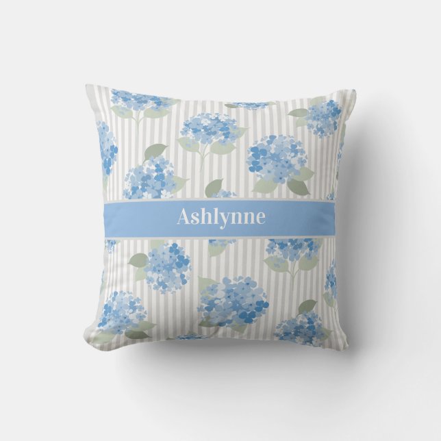 Coussin Hydrangea Bleu Élégant Rayure Grise Vert Sauge Nom (Recto)
