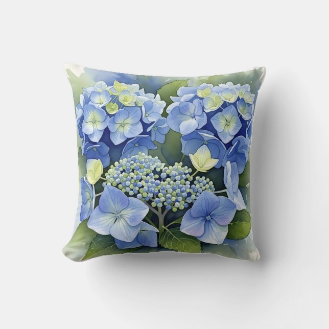 Coussin Hydrangea Bleu Vibrant Aquarelle Décoratif (Recto)