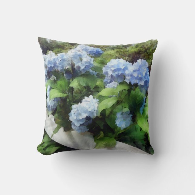 Coussin Hydrangea Bleue sur Clôture Blanche (Recto)
