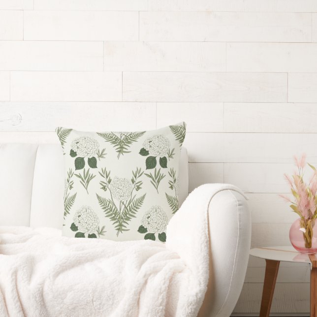 Coussin Hydrangea & Fougère Vert Sauge Botanique Vintage  (Canapé)