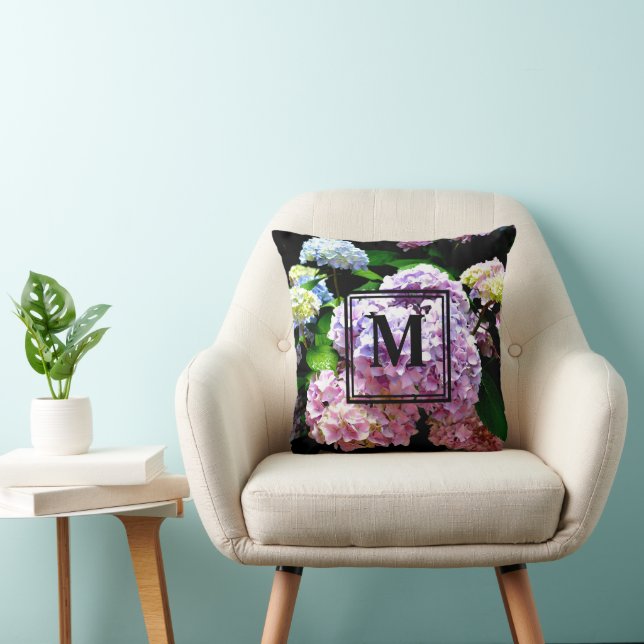 Coussin Hydrangea garden, rose, bleu, purple floral (Chaise)