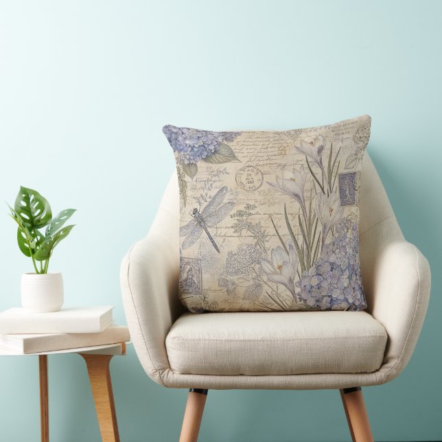 Coussin Hydrangea Pervenche et Libellule Shabby Chic (Chaise)