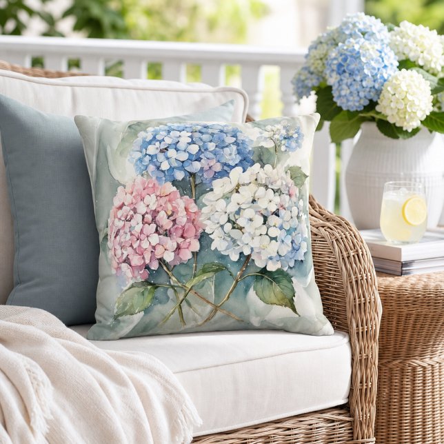 Coussin Hydrangeas Floral Rose Bleu Blanc Botanique  (Créateur téléchargé)