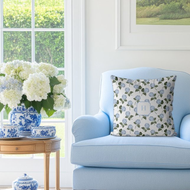 Coussin Hydrangée Bleue Fleur Monogramme   (Hydrangea Bloom Blue Monogram Pillow)
