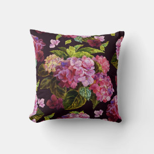 Coussin Hydrangée, foncé, motif floral transparent.
