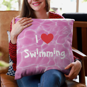 Coussin I Love Baignade Coeur Rouge avec Piscine Rose Eau