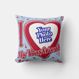 Coussin I Love My Boyfriend Photo Red Hearts Light Blue