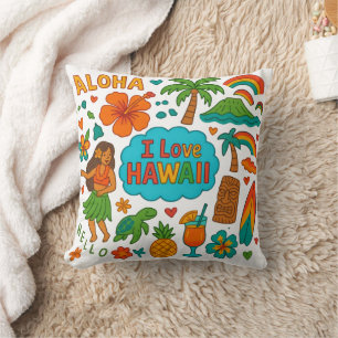 Coussin Icônes de voyage rétro fantaisistes à Hawaï