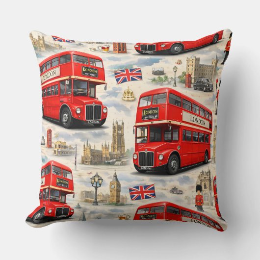 Coussin Iconic red double-decker bus and city landmarks he (Recto)