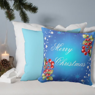 Coussin Icy Blue Winter Stars & Holly Joyeux Noël