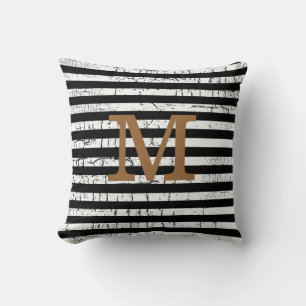 Coussin idée de décoration à rayures noires monogrammée